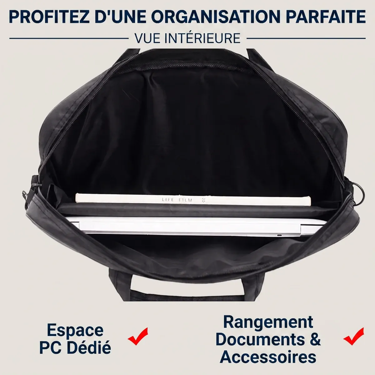 Vue intérieure et rangement documents de la sacoche ordinateur pour homme Lineo
