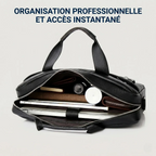 Compartimentage intérieur optimisé de la sacoche ordinateur homme L'Intemporel montrant le PC portable et les dossiers A4.
