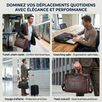Infographie des 4 contextes d'utilisation de la sacoche ordinateur homme L'Intemporel : transit urbain, coworking, voyage et poste exécutif.