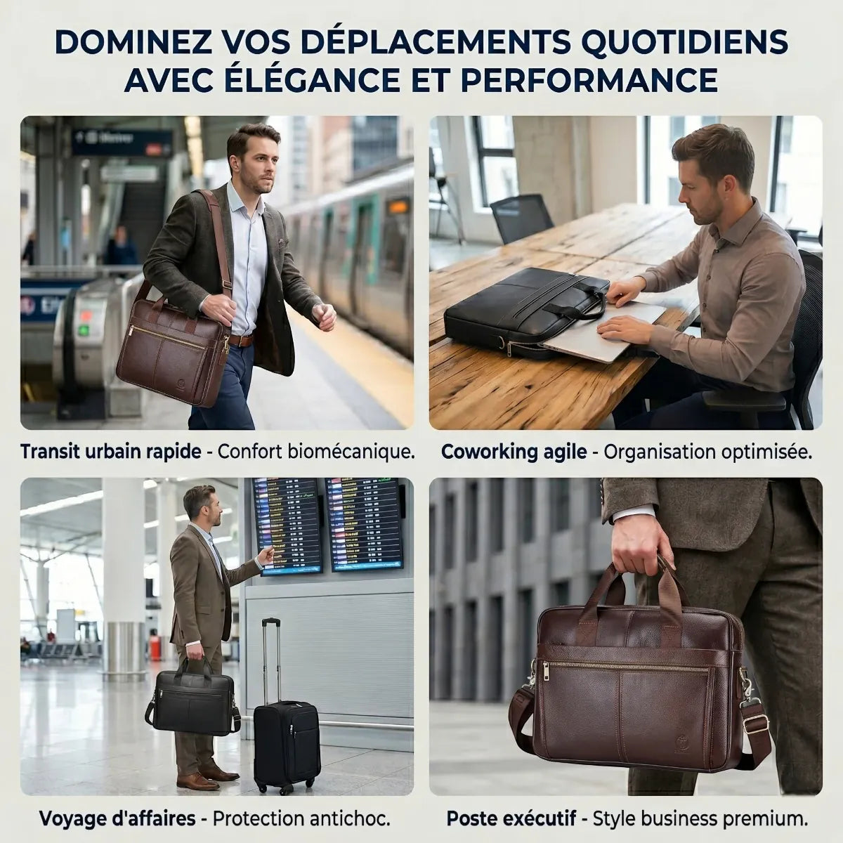 Infographie des 4 contextes d'utilisation de la sacoche ordinateur homme L'Intemporel : transit urbain, coworking, voyage et poste exécutif.