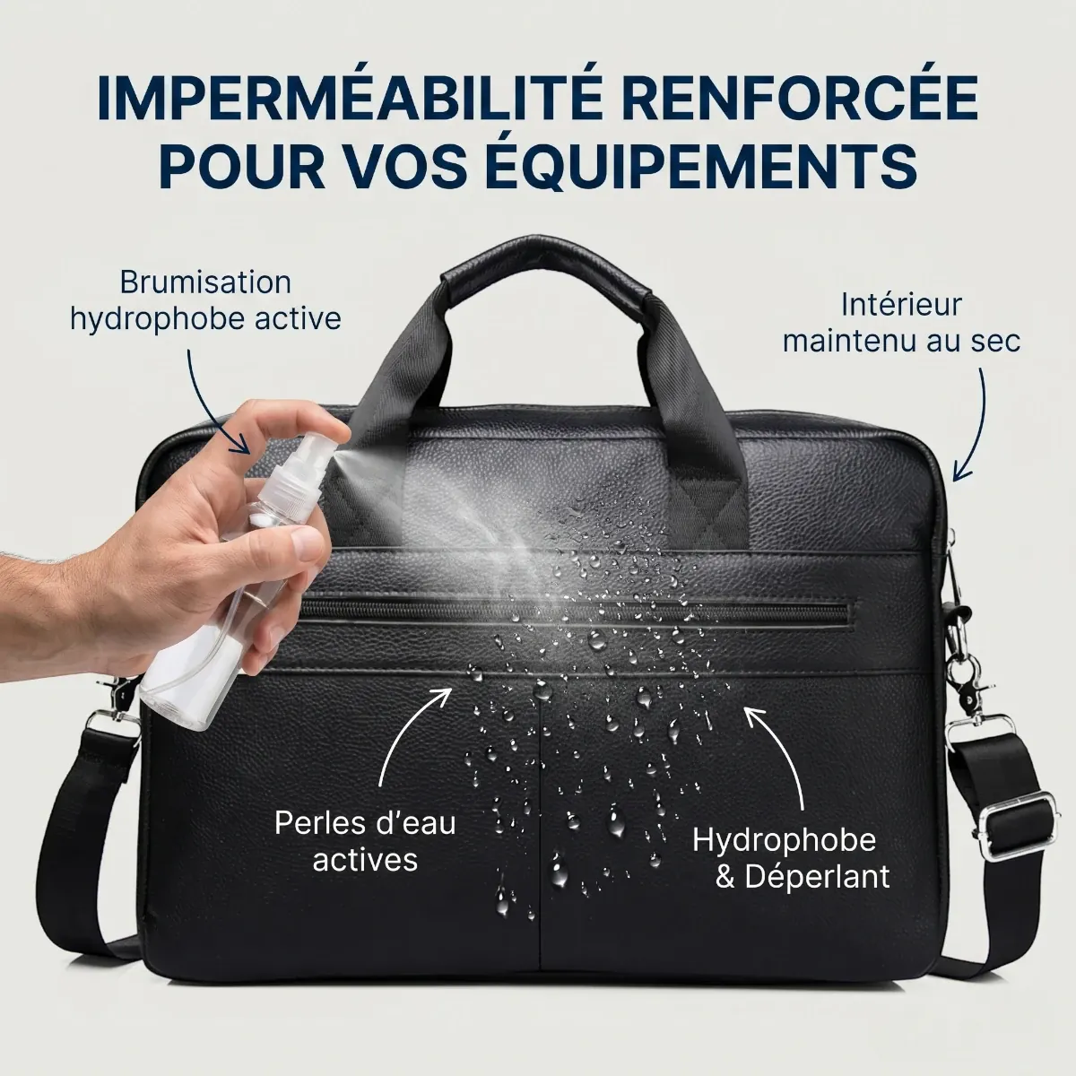 Démonstration de l'imperméabilité et de l'effet déperlant sur le cuir hydrophobe de la sacoche ordinateur homme L'Intemporel.