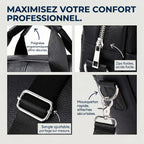 Infographie des bénéfices de confort de la sacoche ordinateur homme L'Intemporel : poignées douces, zips fluides et sangle ajustable.