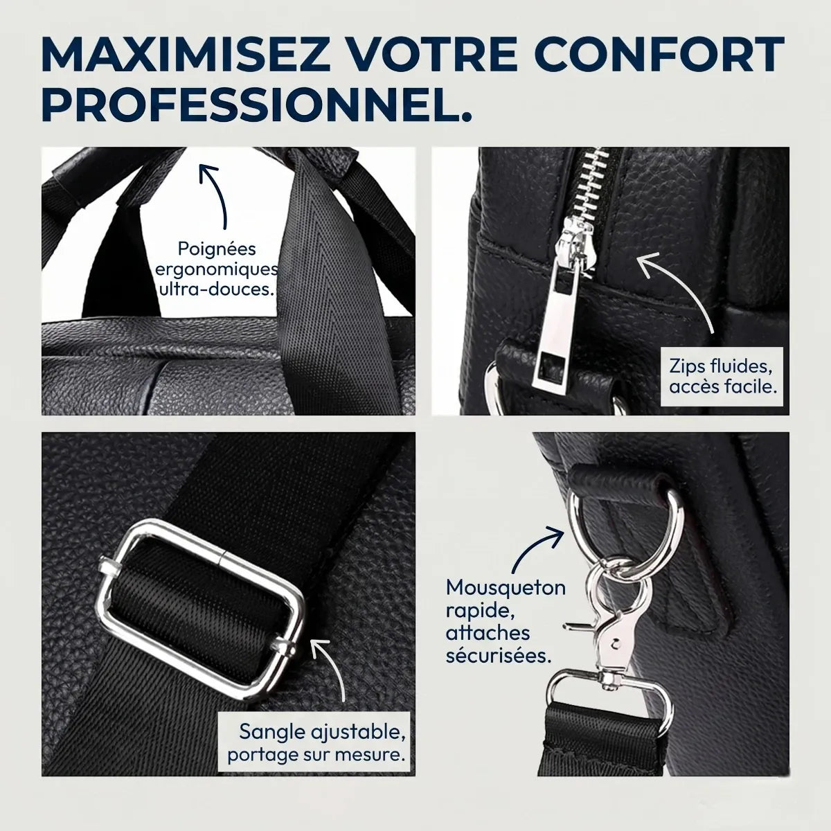 Infographie des bénéfices de confort de la sacoche ordinateur homme L'Intemporel : poignées douces, zips fluides et sangle ajustable.