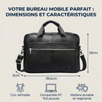 Schéma technique des dimensions en centimètres de la sacoche ordinateur homme L'Intemporel avec repères de compatibilité PC 15.6 pouces.