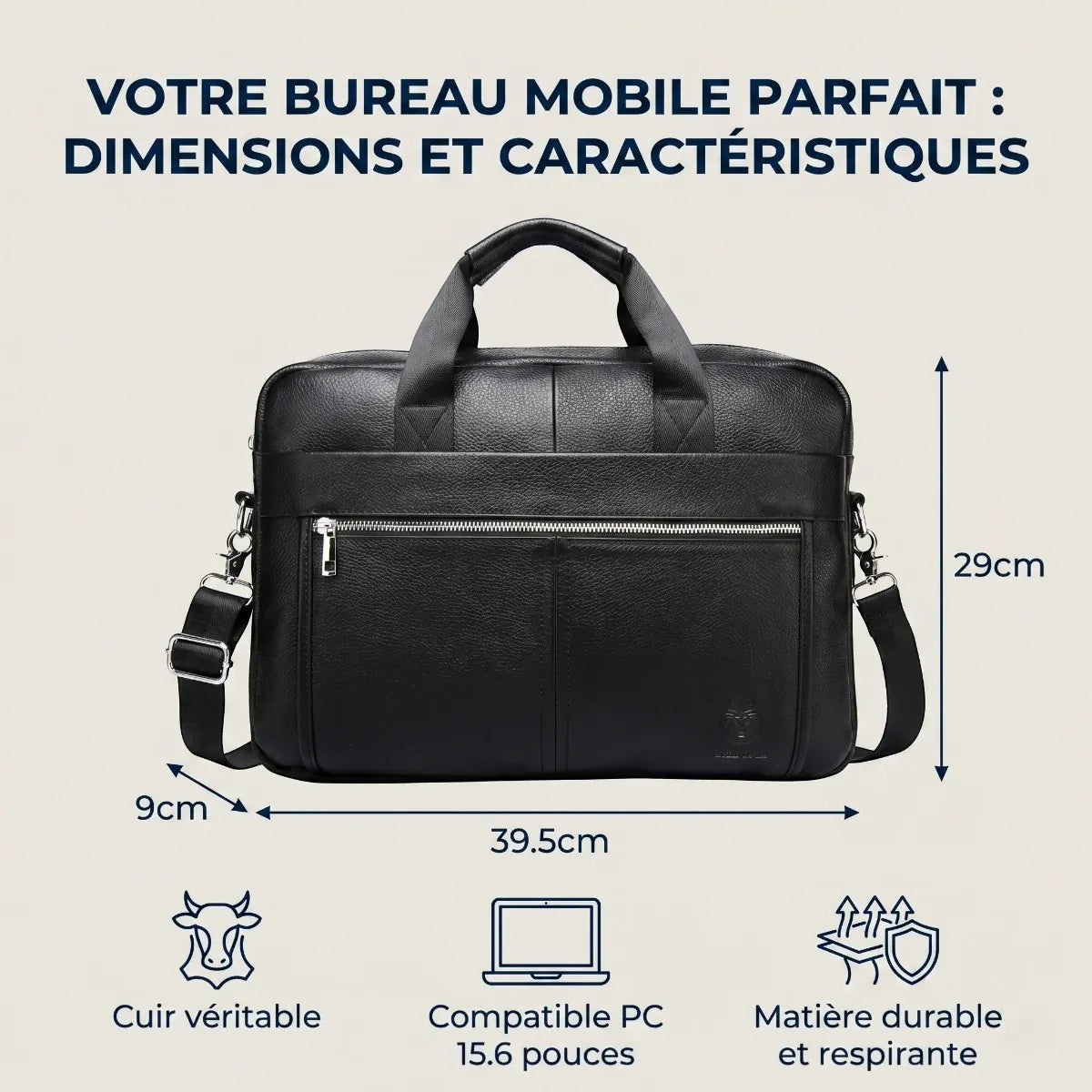Schéma technique des dimensions en centimètres de la sacoche ordinateur homme L'Intemporel avec repères de compatibilité PC 15.6 pouces.