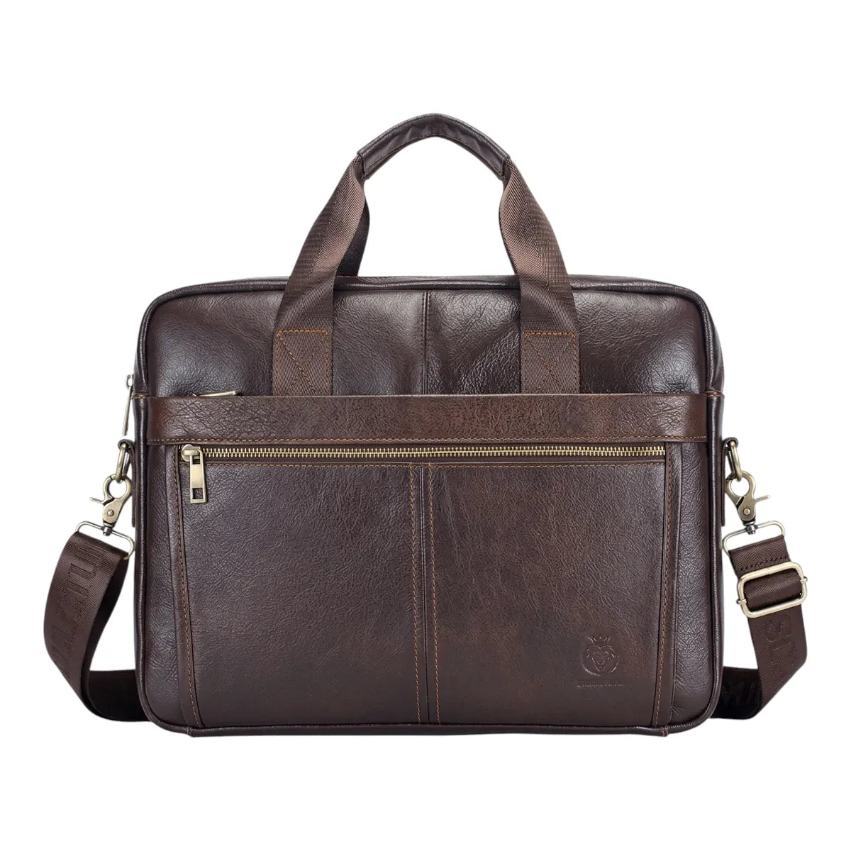 Sacoche ordinateur homme L'Intemporel en cuir véritable marron, vue de face épurée sur fond blanc.