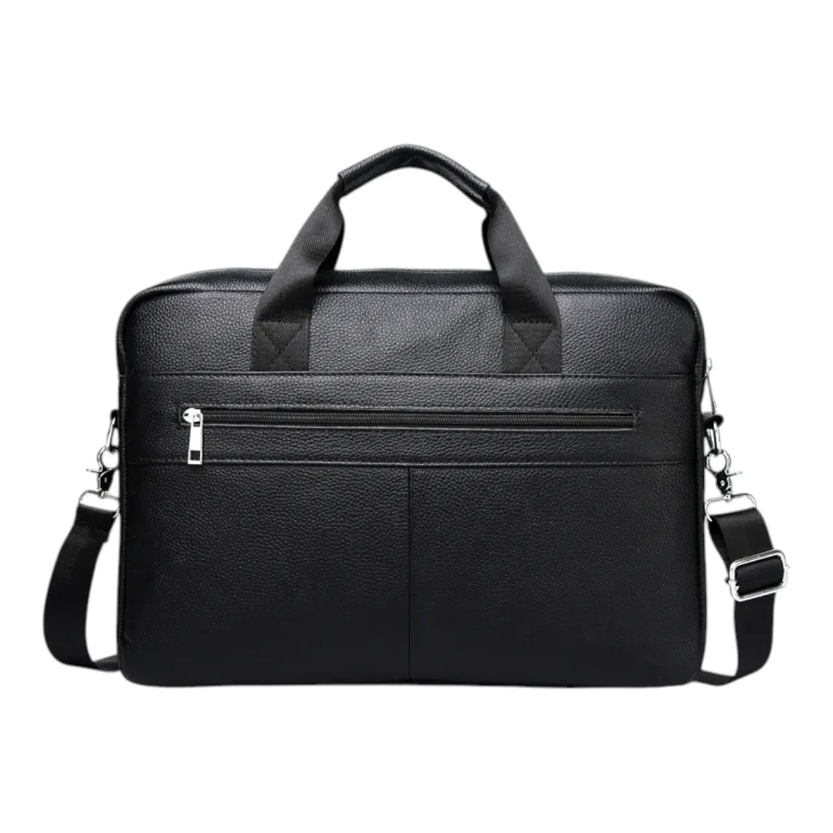 Sacoche ordinateur homme L'Intemporel en cuir grainé noir, vue de face épurée sur fond blanc.