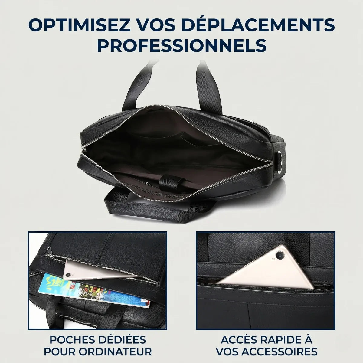 Zoom sur l'organisation des poches extérieures à accès rapide de la sacoche ordinateur homme L'Intemporel.