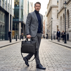 Homme élégant en costume gris portant à la main la sacoche ordinateur homme L'Intemporel noire en ville.