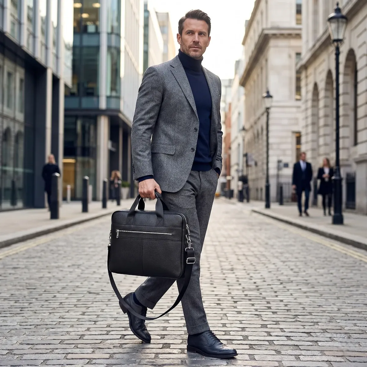 Homme élégant en costume gris portant à la main la sacoche ordinateur homme L'Intemporel noire en ville.