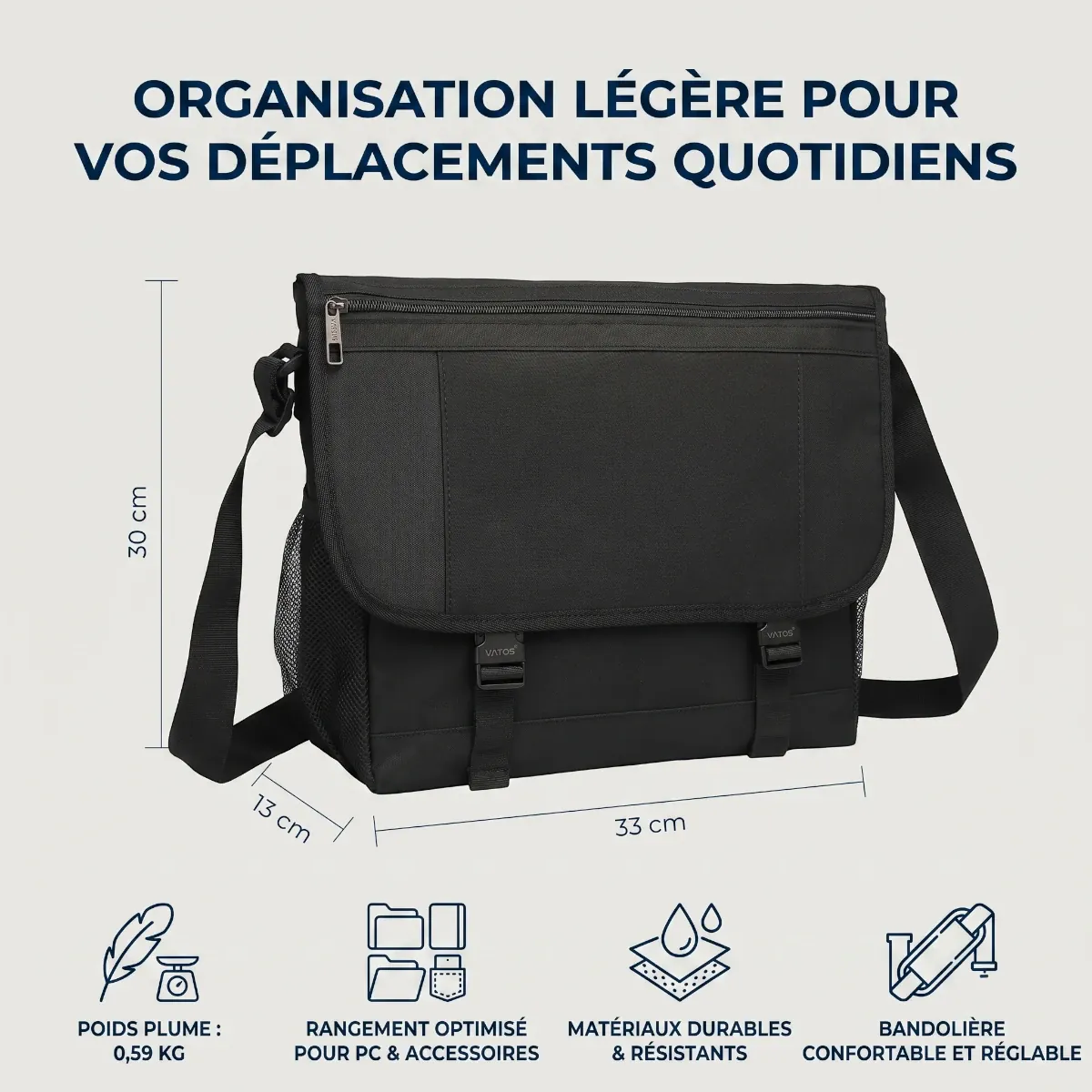 Dimensions 33x13x30 cm et caractéristiques techniques de la sacoche ordinateur pour homme LiteShift
