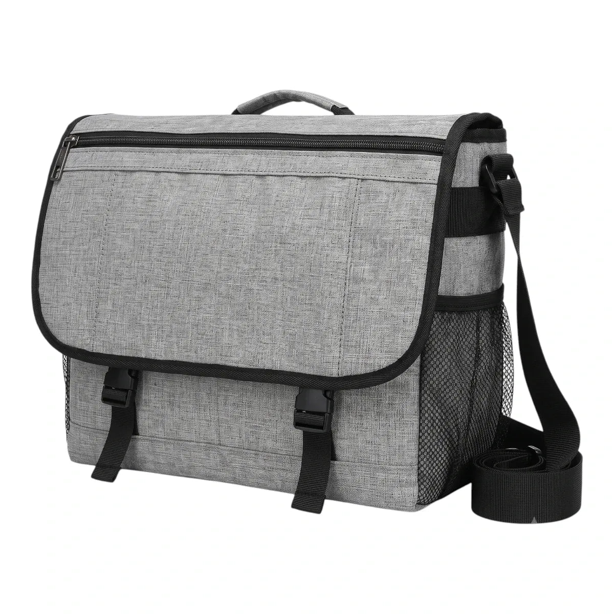 Sacoche ordinateur pour homme LiteShift gris chiné - Vue studio 3/4 sur fond blanc