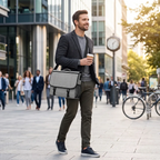 Homme portant la sacoche ordinateur pour homme LiteShift gris en déplacement professionnel urbain