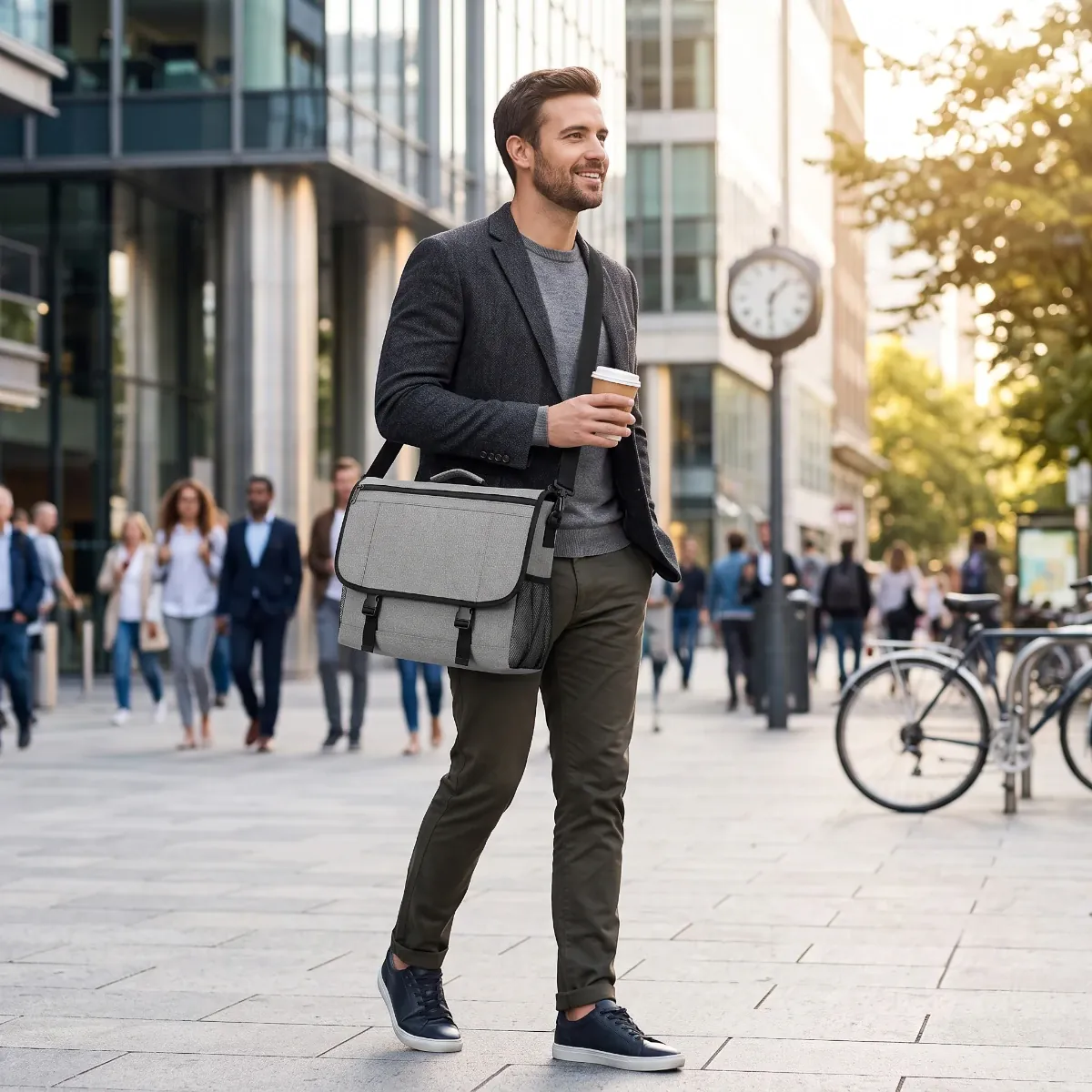 Homme portant la sacoche ordinateur pour homme LiteShift gris en déplacement professionnel urbain