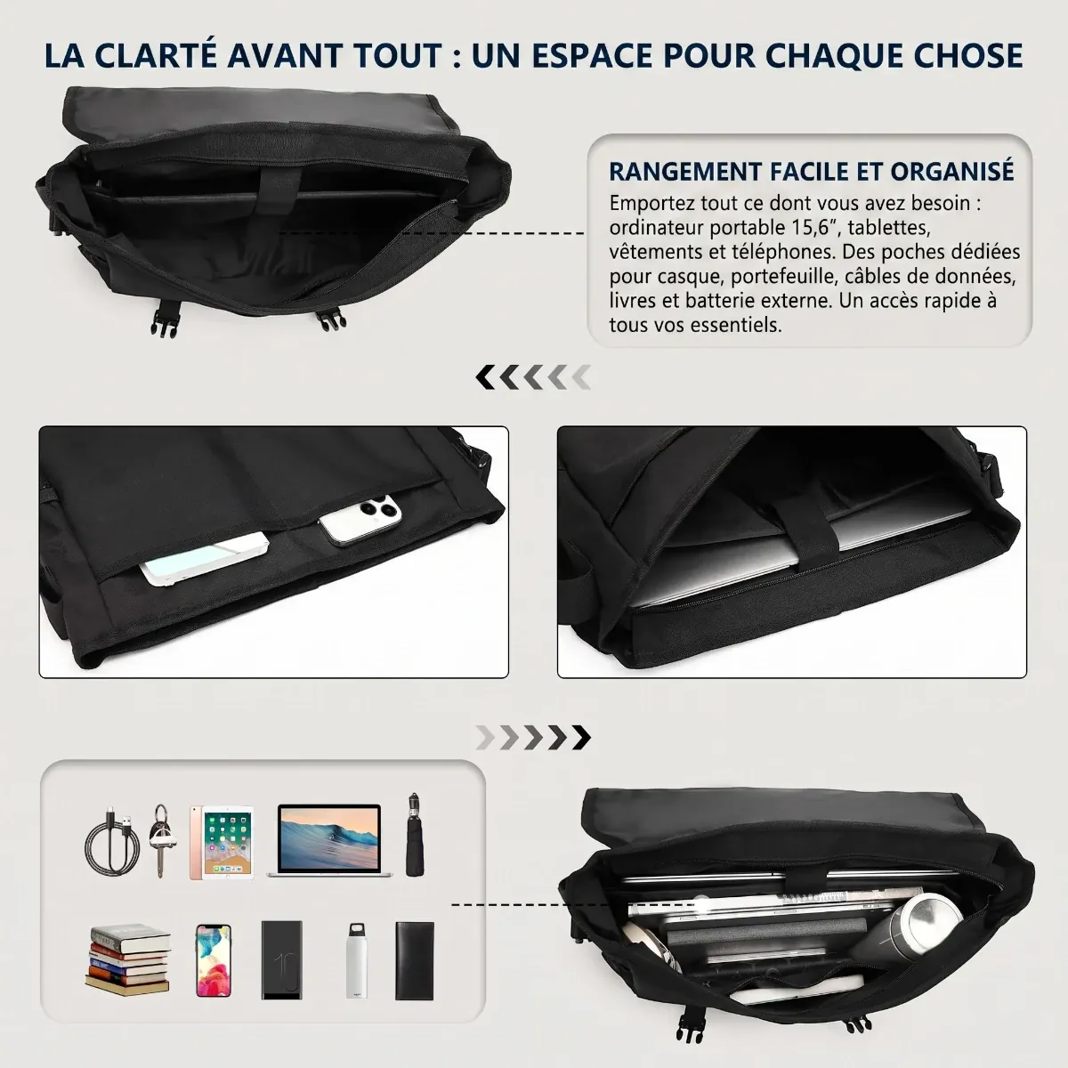 Organisation et compartiments intérieurs de la sacoche ordinateur pour homme LiteShift