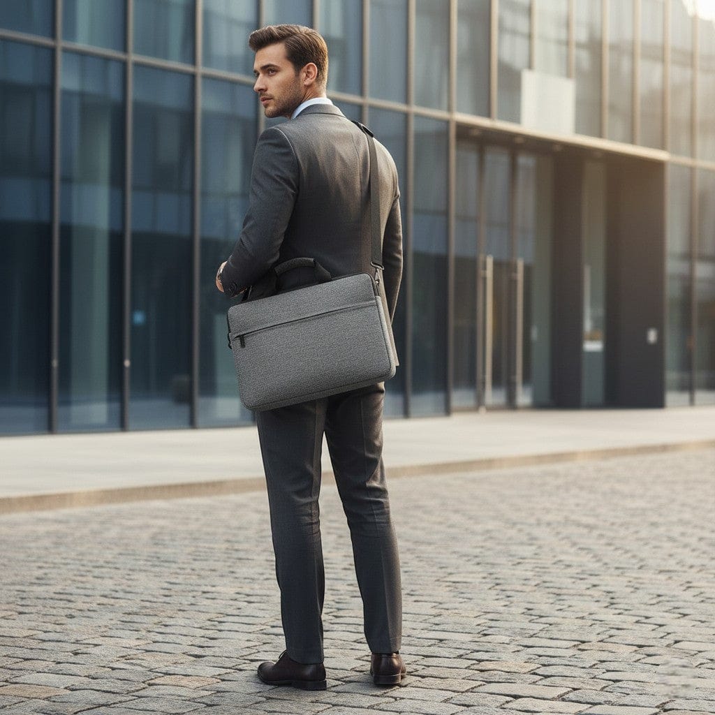 Homme en déplacement professionnel portant à l'épaule la sacoche ordinateur homme Mono grâce à sa bandoulière ergonomique.