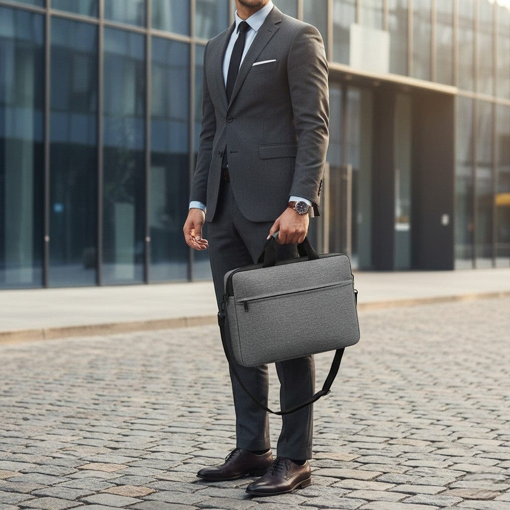 Homme d'affaires en costume portant à la main la sacoche ordinateur homme Mono en version gris anthracite.
