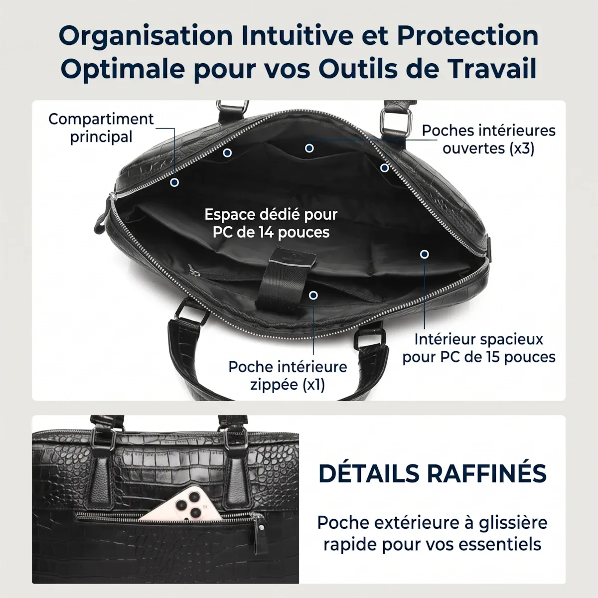 Compartiments techniques détaillés de la sacoche ordinateur homme Scalis