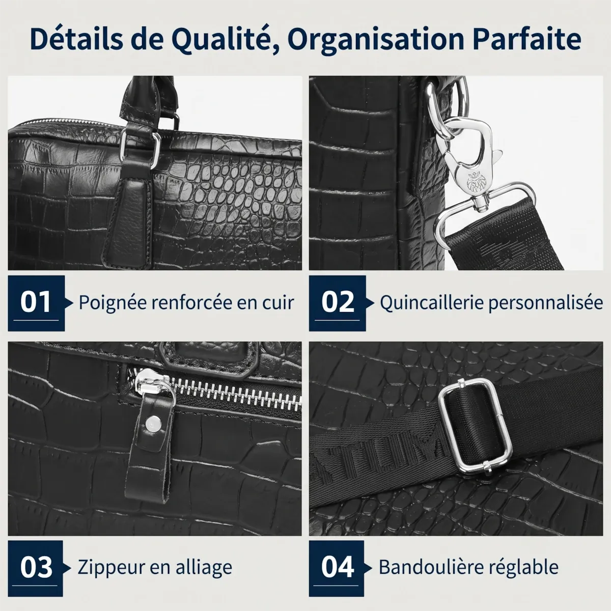 Gros plans sur les détails de qualité de la sacoche ordinateur Scalis (poignée, zips, ferrures)