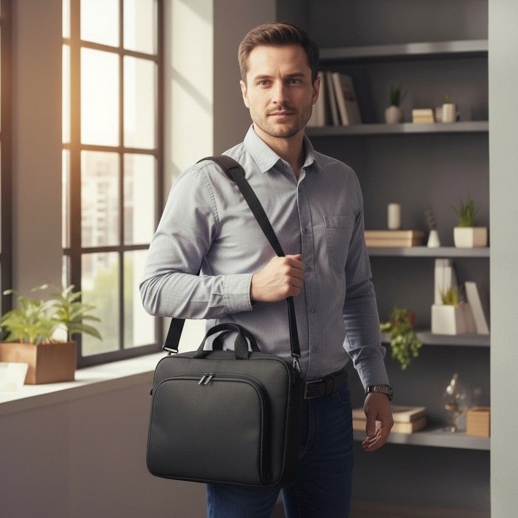 Homme actif portant la sacoche ordinateur homme Strato à l'épaule dans un bureau élégant.