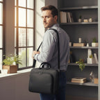 Look business masculin avec la sacoche pour ordinateur portable Strato portée en bandoulière lors d'un déplacement.