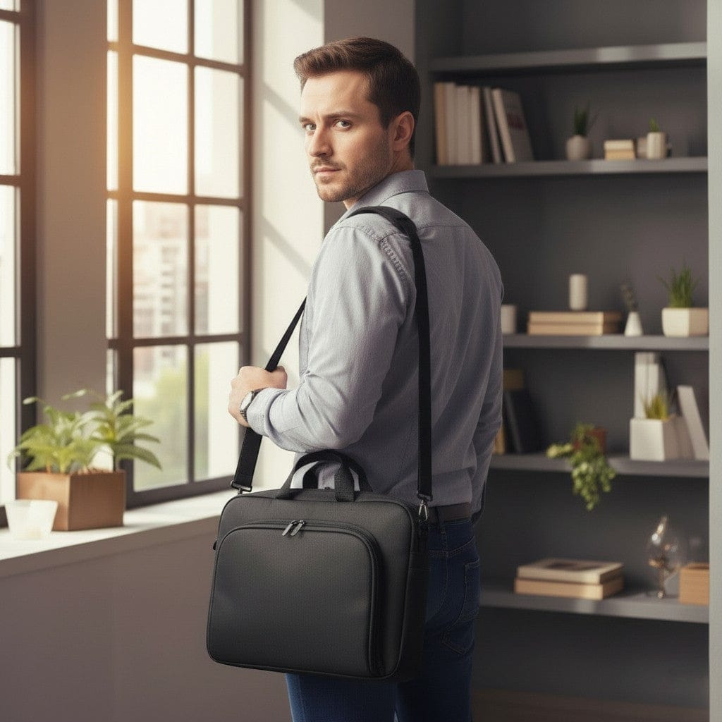 Look business masculin avec la sacoche pour ordinateur portable Strato portée en bandoulière lors d'un déplacement.