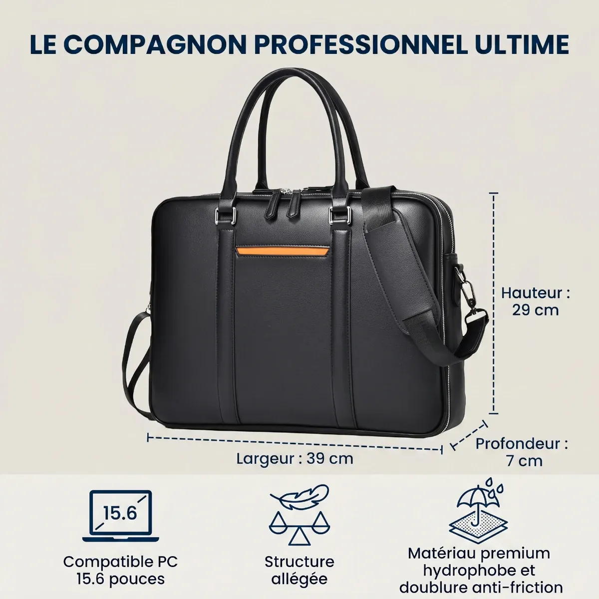 Dimensions détaillées 39x29x7 cm de la sacoche PC portable homme Vanguard compatible 15.6 pouces