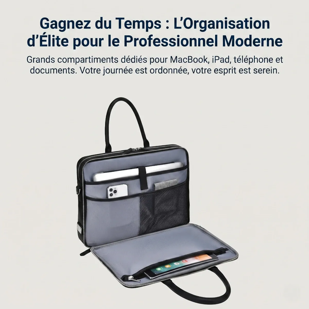 Compartiments intérieurs de la sacoche ordinateur homme Vanguard ouverts avec rangements pour MacBook et iPad