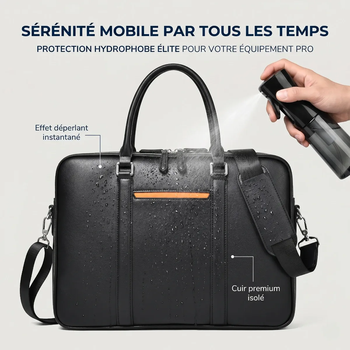 Protection hydrophobe et test d'étanchéité déperlant sur le cuir de la sacoche pour ordinateur homme Vanguard