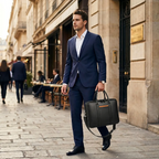 Homme d'affaires en costume bleu portant la sacoche homme ordinateur Vanguard dans la rue