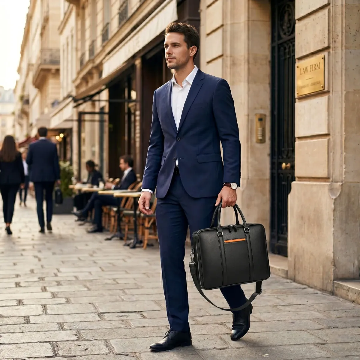 Homme d'affaires en costume bleu portant la sacoche homme ordinateur Vanguard dans la rue