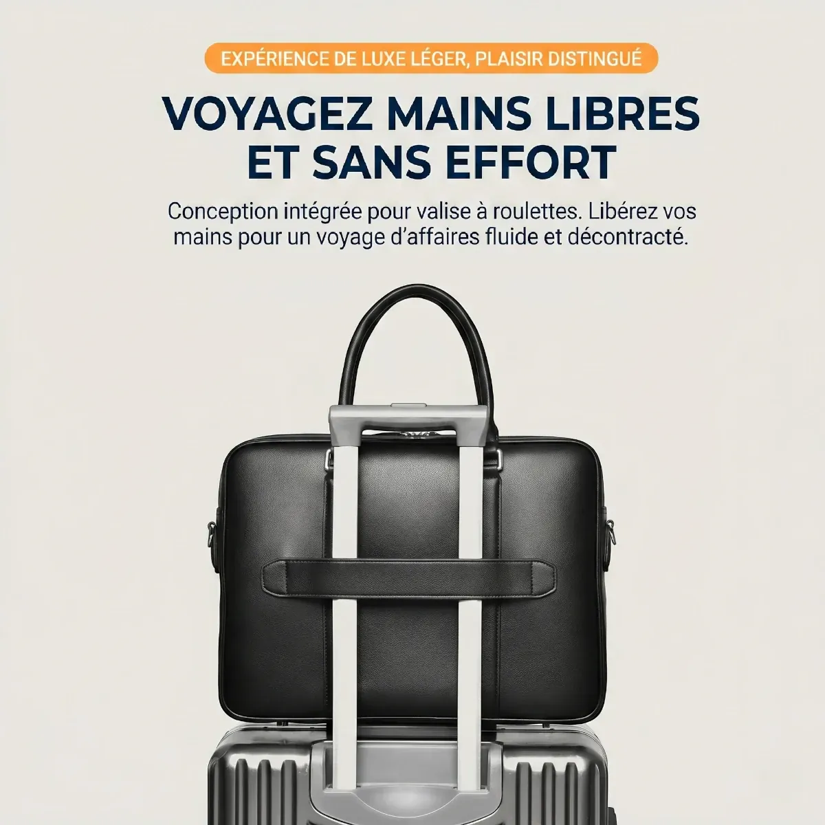 Bagage professionnel et sacoche ordinateur pour homme Vanguard fixée sur la poignée trolley d'une valise