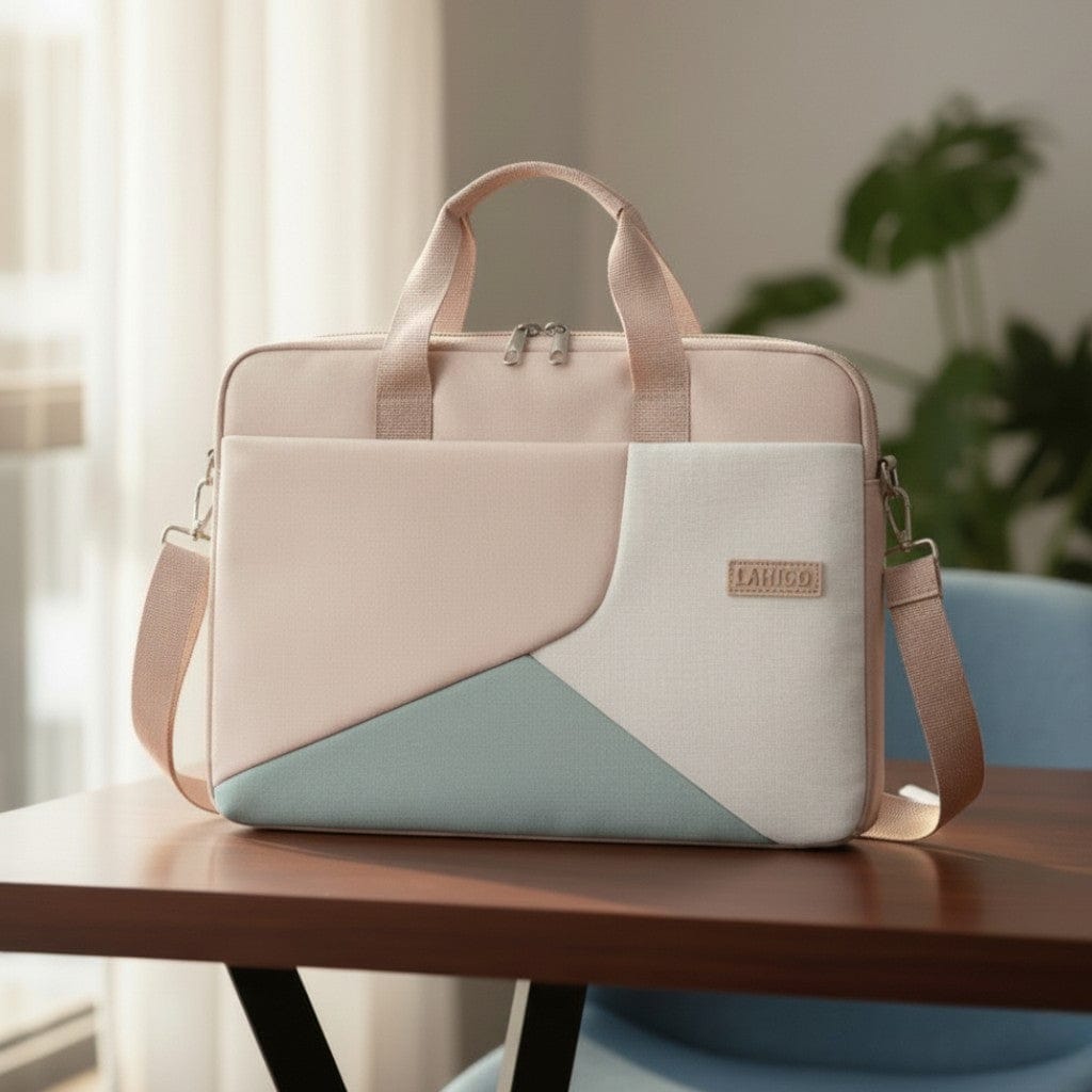 Sacoche Ordinateur Pour Femme 15,6 Pouces Design Géométrique Rose Poudré avec Protection Anti-Choc