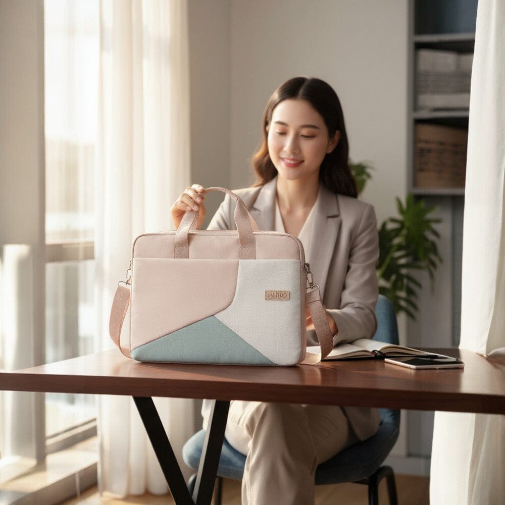 Sacoche Ordinateur Pour Femme 15,6 Pouces Design Géométrique Rose Poudré avec Protection Anti-Choc