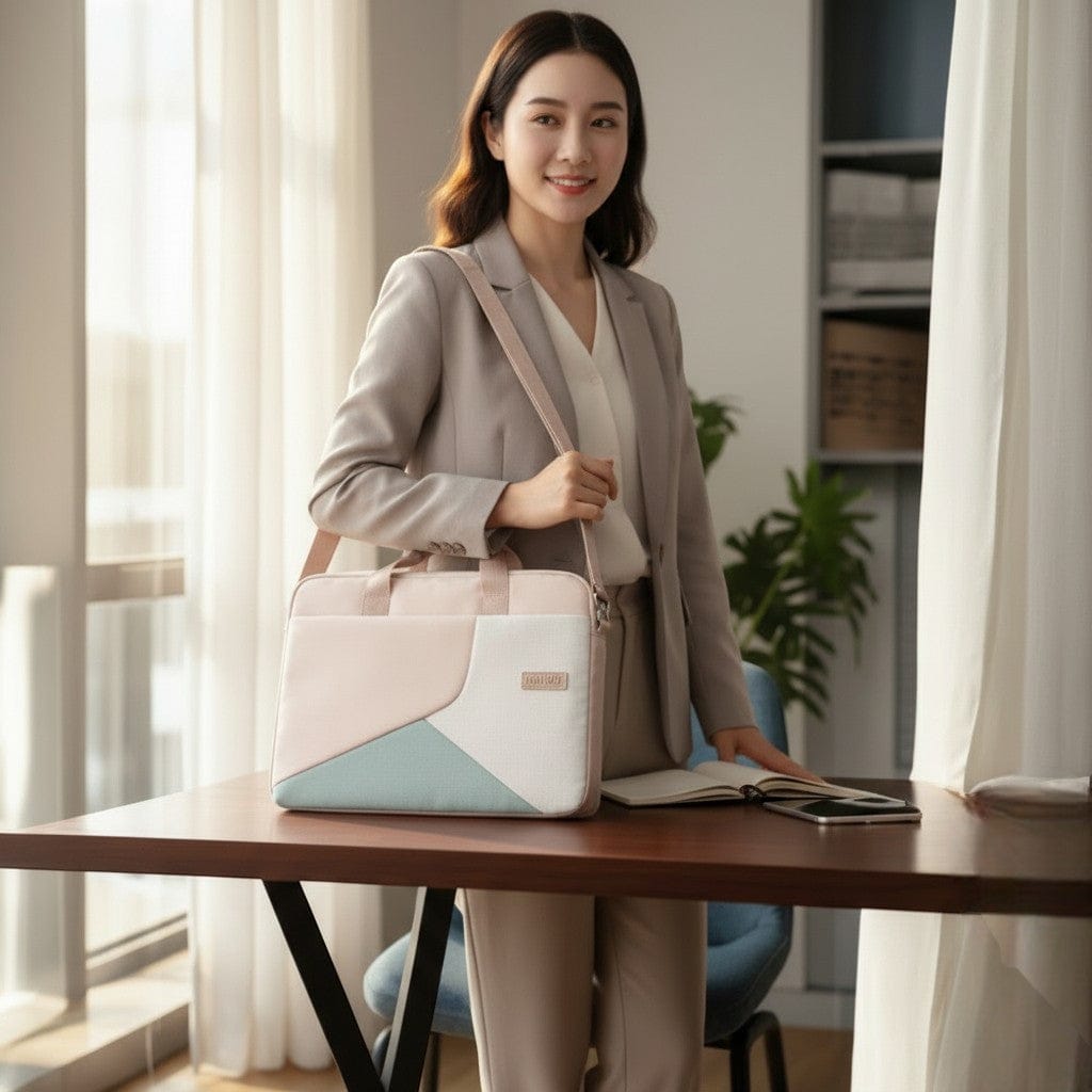 Sacoche Ordinateur Pour Femme 15,6 Pouces Design Géométrique Rose Poudré avec Protection Anti-Choc