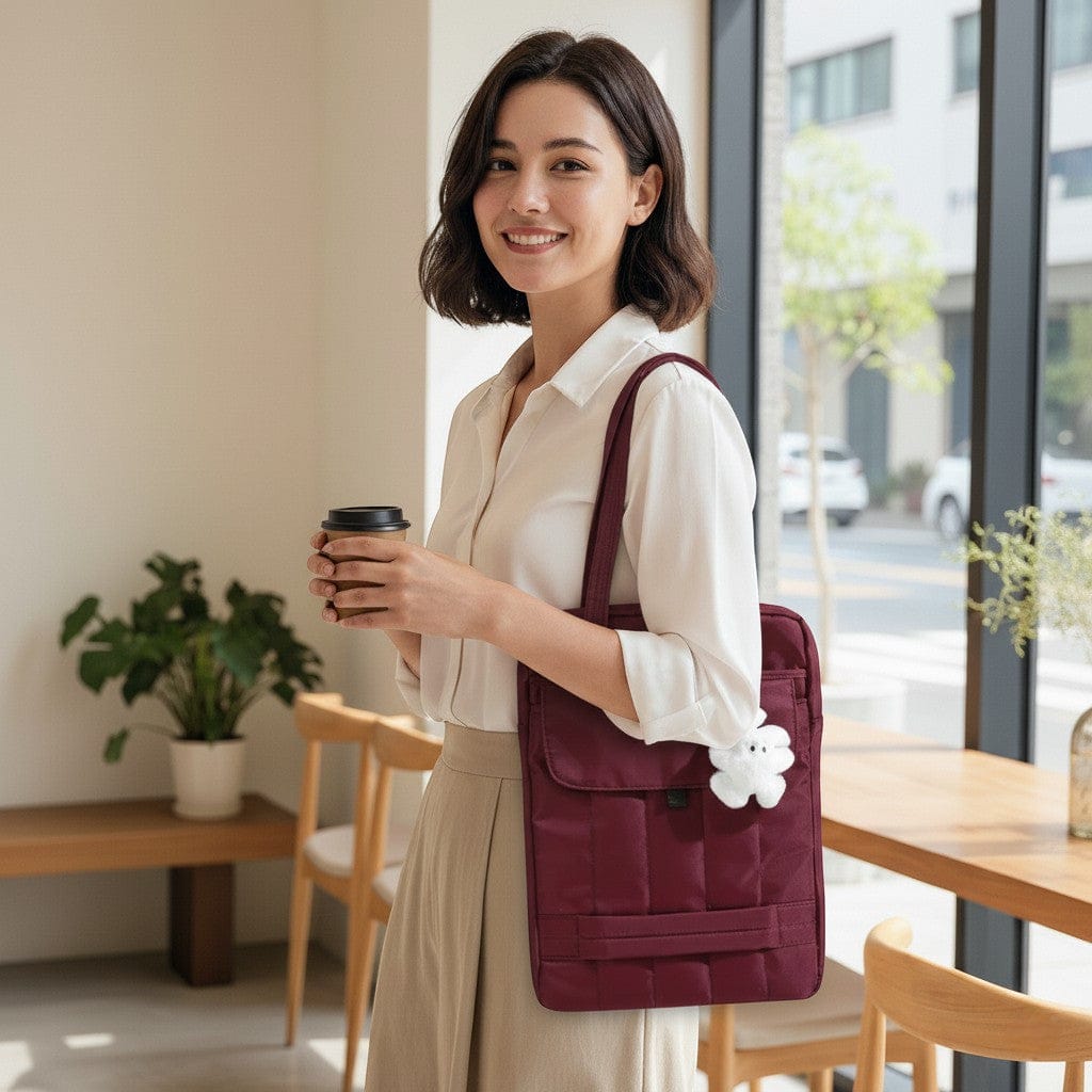 Femme active portant à l'épaule la sacoche business femme Chrono bordeaux lors de ses trajets quotidiens.
