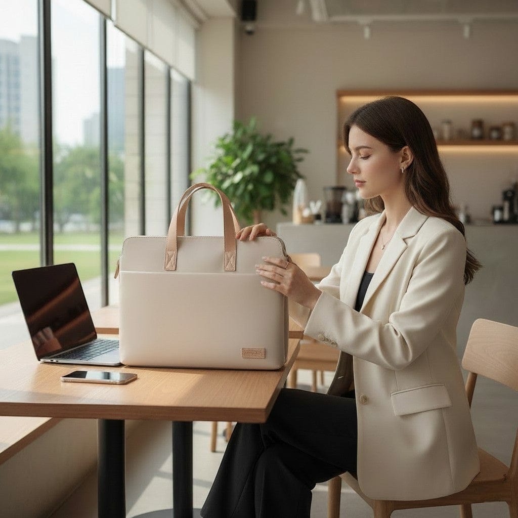 Femme d'affaires en blazer blanc assise dans un café utilisant sa sacoche ordinateur pour femme.