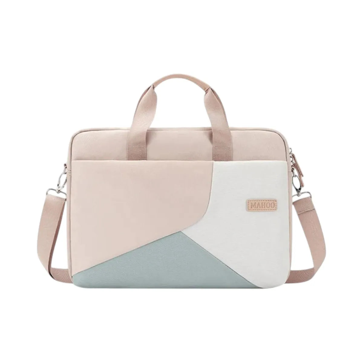Sacoche ordinateur pour femme Mahoo 14 pouces au design tricolore pastel, vue de face sur fond blanc épuré.