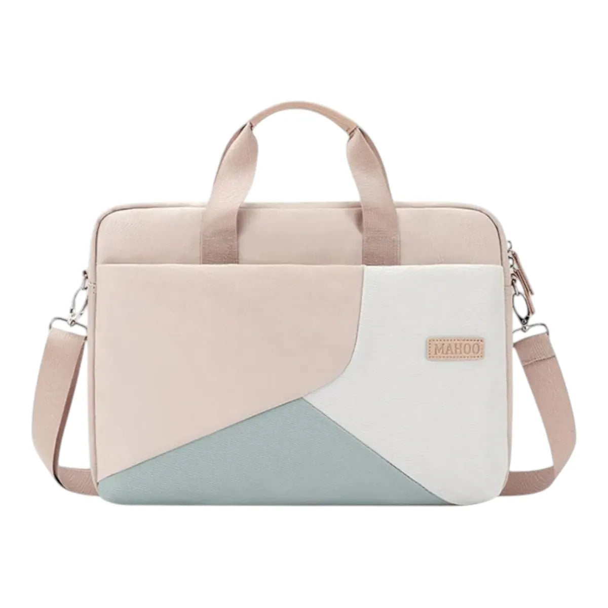 Sacoche ordinateur pour femme Mahoo 15 pouces au design tricolore pastel, vue de face sur fond blanc épuré.