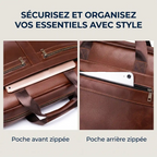 Sacoche ordinateur pour homme Dualis en cuir marron montrant ses poches zippées avant et arrière pour tablette