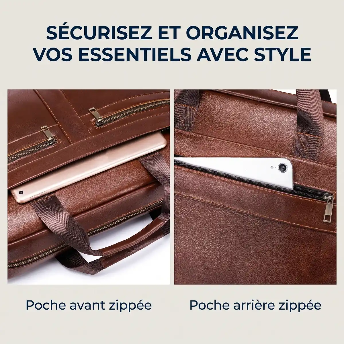 Sacoche ordinateur pour homme Dualis en cuir marron montrant ses poches zippées avant et arrière pour tablette
