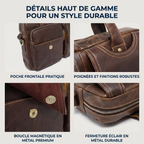 Gros plan sur le cuir de vachette, la boucle magnétique et les zips en métal de la sacoche ordinateur pour homme DuoCraft Cuir