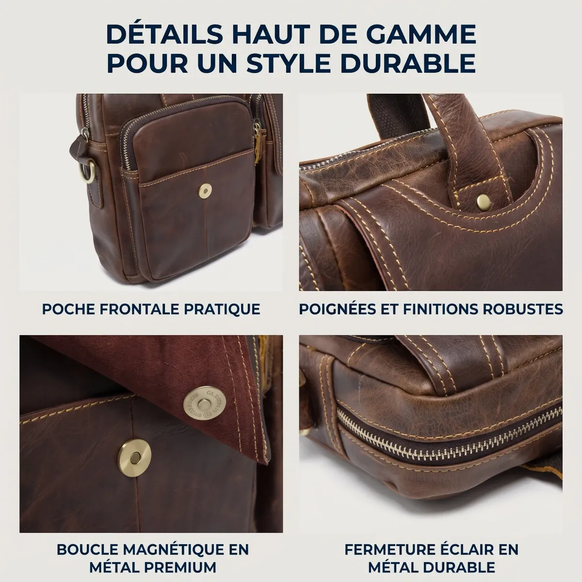 Gros plan sur le cuir de vachette, la boucle magnétique et les zips en métal de la sacoche ordinateur pour homme DuoCraft Cuir