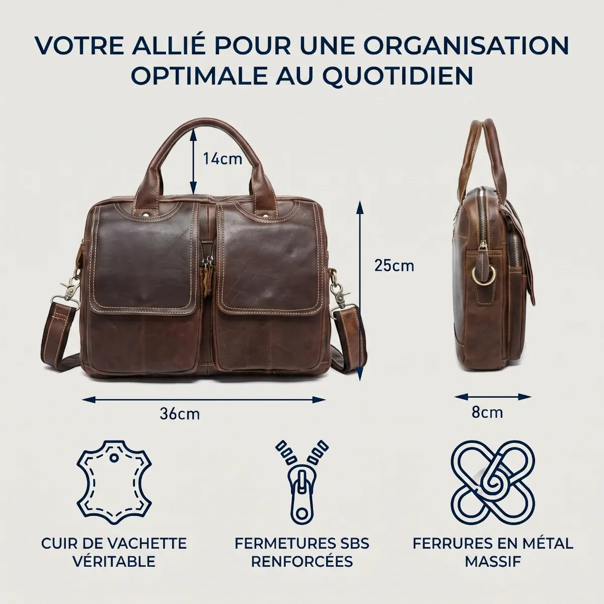 Infographie des dimensions 36x25x8 cm et détails techniques de la sacoche ordinateur pour homme DuoCraft Cuir