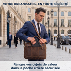 Utilisation de la poche arrière sécurisée pour objets de valeur sur la sacoche ordinateur pour homme DuoCraft Cuir