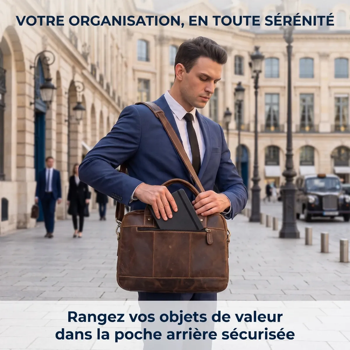 Utilisation de la poche arrière sécurisée pour objets de valeur sur la sacoche ordinateur pour homme DuoCraft Cuir
