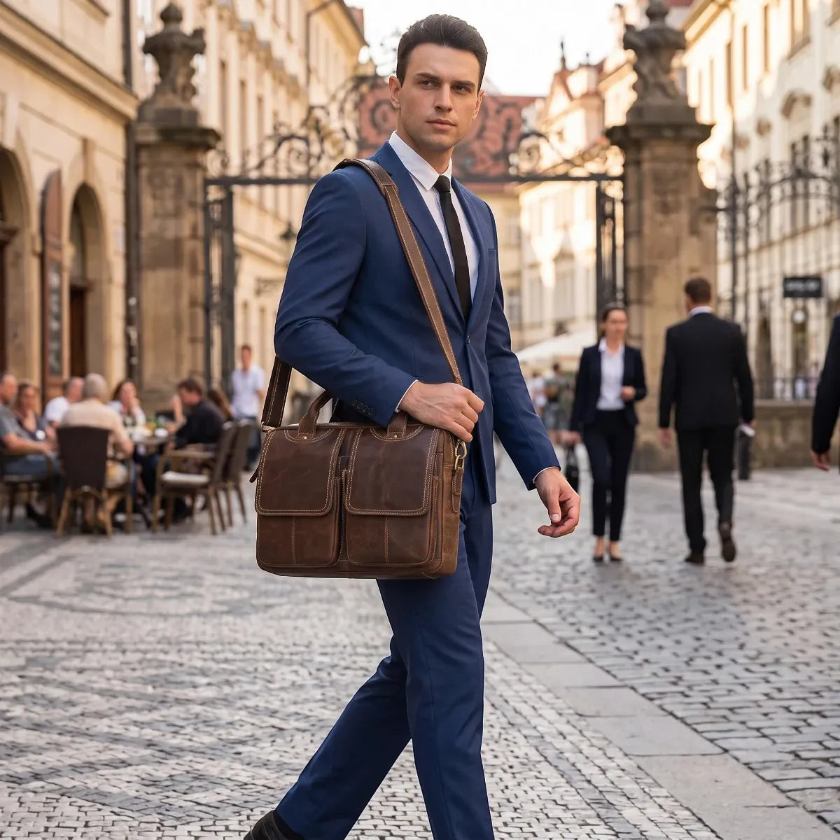 Sacoche ordinateur pour homme DuoCraft Cuir portée en bandoulière par un homme en costume