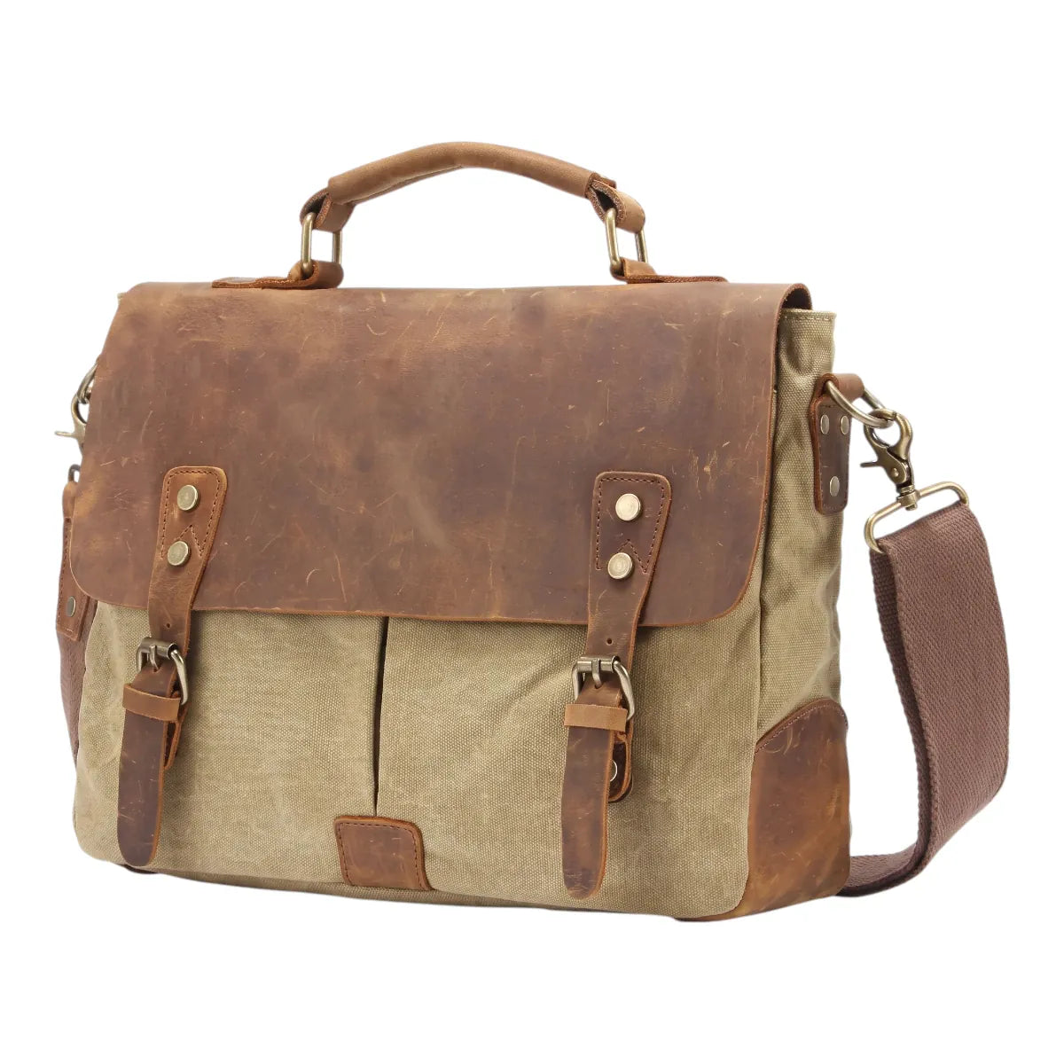 Sacoche ordinateur pour homme Heritex beige sable en toile robuste et cuir