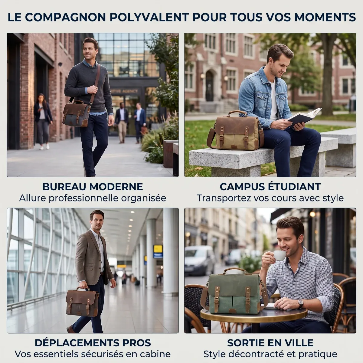 Mosaïque montrant les cas d'utilisation au quotidien de la sacoche ordinateur pour homme Heritex