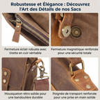 Zoom sur la qualité des fermetures, mousquetons et poignée en cuir de la sacoche ordinateur pour homme Heritex